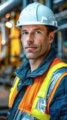 Poster - A man in a hard hat and safety vest stands in front of a yellow