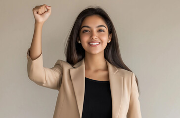 A beautiful young indian woman in her late twenties, wearing business attire and smiling with one hand raised as if celebrating something good that has occurred