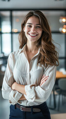 Sticker - A woman is smiling and posing for a picture in a white shirt and blue pants