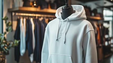 A white hoodie is displayed in a store with a mannequin