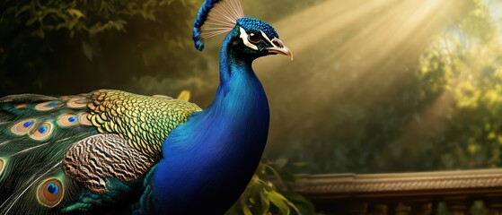 A vibrant peacock displaying its stunning feathers in a serene garden, illuminated by soft, golden sunlight.