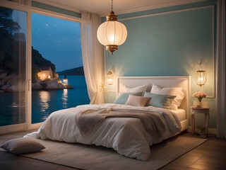 Wall Mural - An enchanting bedroom with an empty canvas frame, illuminated by the soft glow of a magical lantern and surrounded by shimmering water design