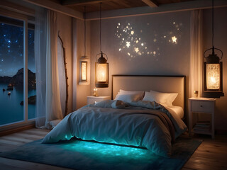 Wall Mural - An enchanting bedroom with an empty canvas frame, illuminated by the soft glow of a magical lantern and surrounded by shimmering water design