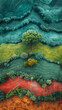 © Ratchpon - Aerial view of vibrant, layered fields with prominent tree, showcasing rich greens, yellows, and reds, evoking sense of tranquility and harmony with nature.