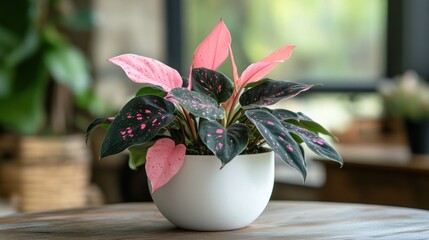 A small pink plant is in a white pot on a table