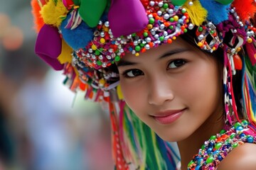 Colorful traditional asian festival attire with smiling young woman