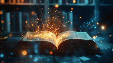 Poster - a magical book opens, releasing sparkling light and energy, evoking sense of wonder and imagination.
