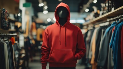 A red hoodie is displayed in a store