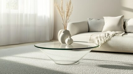 Wall Mural - A glass coffee table sits in a room with a window and a vase of flowers