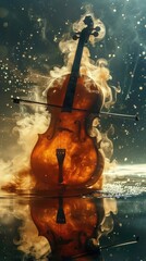 Wall Mural - Cello submerged in water with golden smoke.