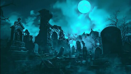 eerie night sky with a blue moon and a spooky, foggy graveyard