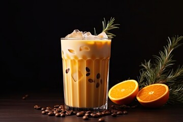 Sticker - Citrus-infused soda in a clear cup, surrounded by coffee and an assortment of fruits, set against a backdrop of indoor greenery.