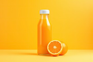 Sticker - Citrus juice in a bottle with slices of oranges on a yellow background. Vibrant orange drink with a fruity twist.