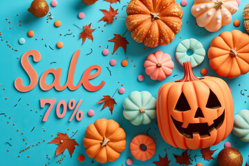 Wall Mural - Large pumpkin surrounded by smaller squash at a 70% off sale, perfect for Halloween decorations. Dominant colors teal and orange add a festive touch.