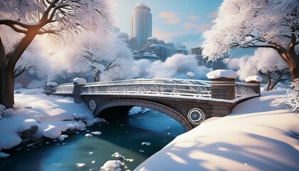 Wall Mural - Enchanting Snow Covered Bridge in a Serene Winter Cityscape