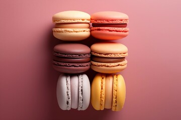 6 macarons of pink, yellow, white, mauve colour on pink background