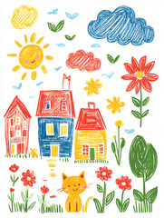 Wall Mural - doodle-style, simple lines, children's drawings of suns, clouds, cats, houses, flowers, bright colors on a white background, simple drawings, children's art created with crayons.