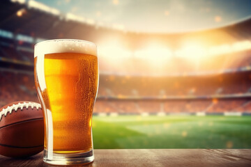 Wall Mural - Chilled beer glass beside a football on a wooden table with a vibrant sports stadium backdrop under sunset light.