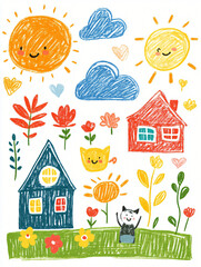 doodle-style, simple lines, children's drawings of suns, clouds, cats, houses, flowers, bright colors on a white background, simple drawings, children's art created with crayons.