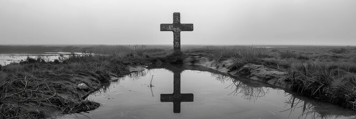 a cross stands on marshland, reflected in shallow water under a gray sky, creating a somber yet thou