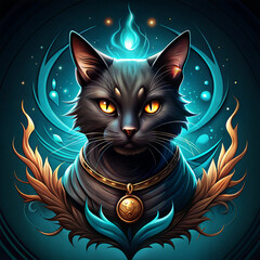 Illustration of a stylish black cat celebrating Halloween and Samhain in bright glowing colors in festive mood on a dark background