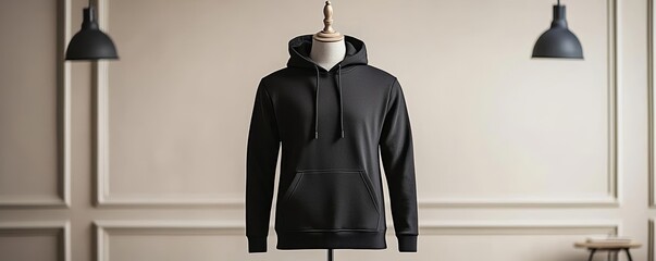 Elegant black hoodie displayed on a mannequin, minimalist stage with soft lighting, smooth neutral backdrop