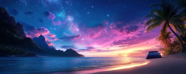 Wall Mural - Beautiful orange sunset over the ocean, with fluffy clouds painting the sky in hues of pink and purple