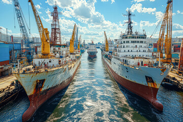 Two large ships are docked in a harbor