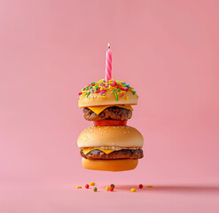 Wall Mural - Floating cheeseburger with a candle on top, sprinkled with colorful confetti, set against a soft pink background. A surreal and imaginative take on fast food with a celebratory theme.