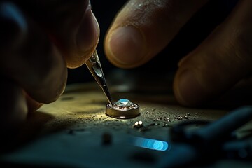 Wall Mural - Close-up detailed image of a jeweler setting a precious stone into a ring, the metal gleaming under bright light, with tools scattered across the workbench, capturing the intricate details of the