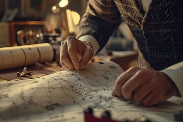 Canvas Print - Close-up detailed image of a tailor pinning fabric on a mannequin, the sharp pins glinting in the light, with rolls of fabric and design sketches in the background, capturing the precision and