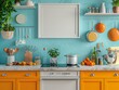 © MinuteDream - A bright and cheerful kitchen with orange and blue cabinets, a white frame on the wall, and a variety of kitchen utensils.