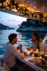 couple sitting outdoors at a restaurant table, enjoying a meal with others. Wine glasses, food, and a bottle of wine on the table. 