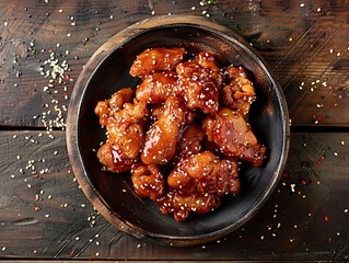 Sesame Chicken. The most popular Chinese dishes. Breaded and deep-fried chicken pieces coated in a sweet sauce and sprinkled with sesame seeds.