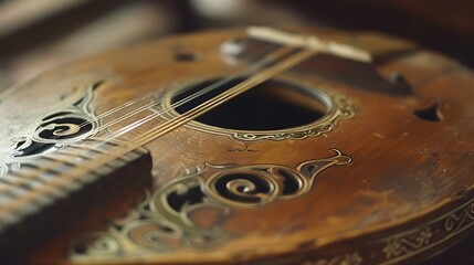 Traditional mandolin with its round body and fine strings, captured in detail 32k, full ultra hd, high resolution