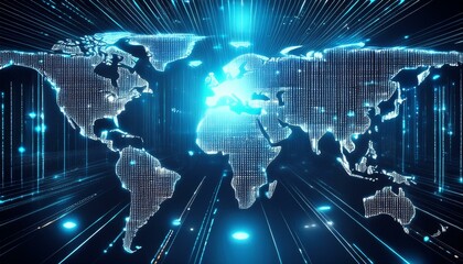 Futuristic Binary Coding and Data Processing Over Illuminated World Map Background