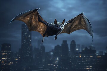 Sticker -  A bat gliding through the air with a city 