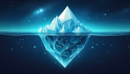 Futuristic Polygonal Iceberg Floating in Dark Blue Oceanic Galactic Ambience