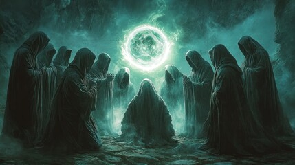 mysterious ritual: hooded figures gather around glowing orb