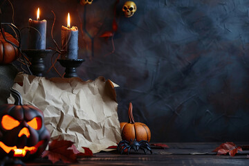 Wall Mural - Lit candle inside carved pumpkin for Halloween, creating a spooky Jack-o'-lantern. Black indoor background setting for trick-or-treating. Iconic Halloween decorations.