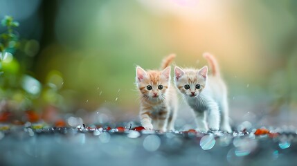 Wall Mural - photo of action figure 2 kittens with blurred background bokeh background blur background