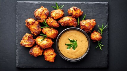 Dramatic overhead shot of popcorn chicken in a circular pattern on a black slate plate with honey mustard sauce in the center.