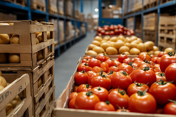 Potatoes and tomatoes in a warehouse distribution center.