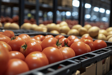 Potatoes and tomatoes in a warehouse distribution center.