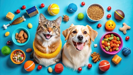 Colorful illustration of a pet store logo featuring a happy cat and dog surrounded by pet food, toys, and accessories on a bright blue background.