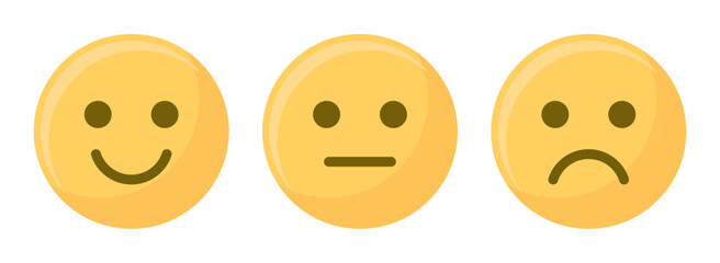 Aufkleber - Happy, sad, and neutral emoji smiley set in yellow color vector illustration. Emoticons positive, neutral and negative. Rating smile for customer opinion. Happy, sad smiley set.