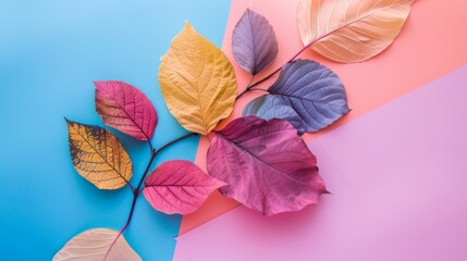 A group of colorful leaves on a pink and blue pastel background