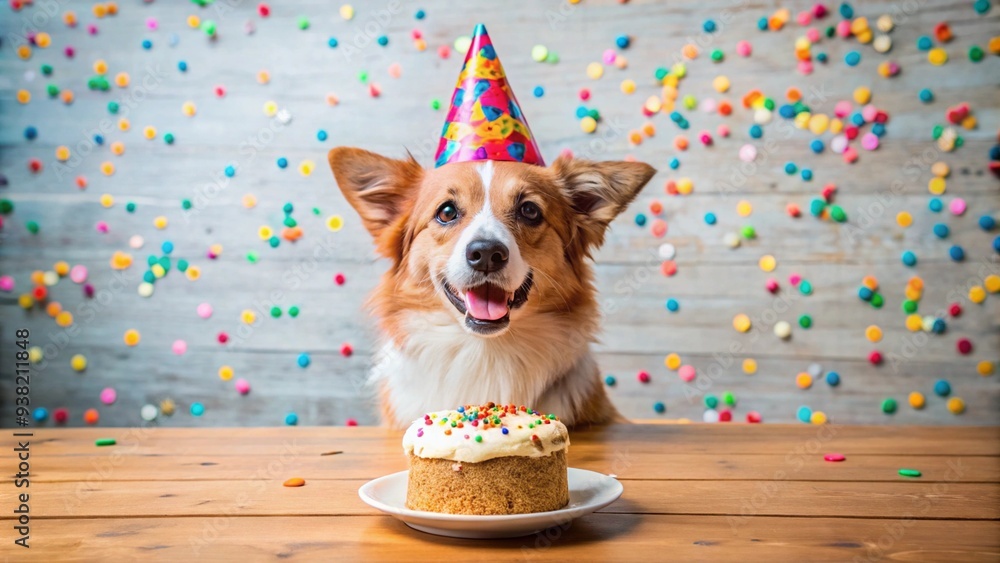 happy and funny cute dog wearing party hat celebrating birthday and ...