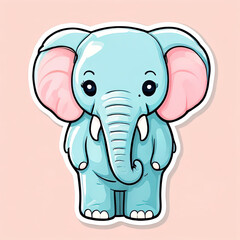 Cute cartoon elephant sticker with pink ears and a blue body on a pink background.