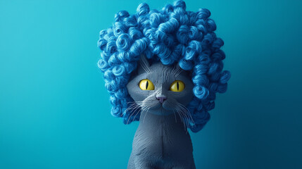 Gray cat with a voluminous blue afro hairstyle